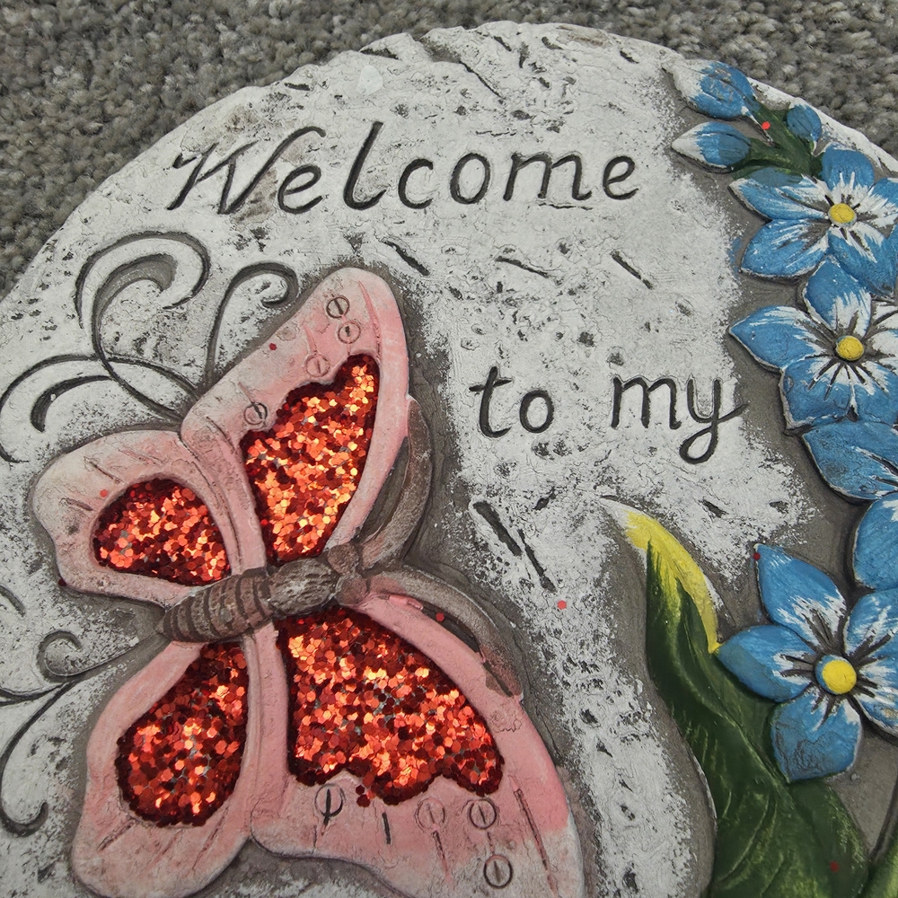 Charming Garden Plaque with Pink Butterfly and Blue Flowers - Picture 4 of 4